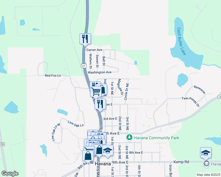 map of restaurants, bars, coffee shops, grocery stores, and more near 905 Indian Street Northeast in Havana