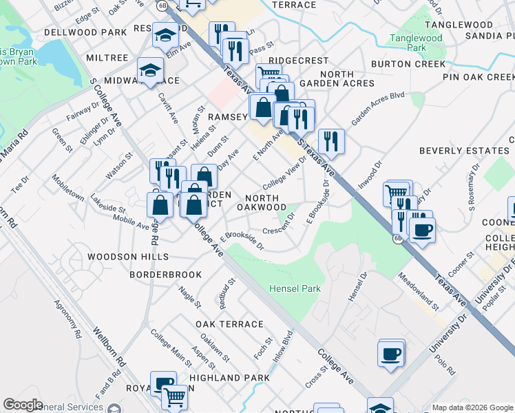 map of restaurants, bars, coffee shops, grocery stores, and more near 304 Hensel Avenue in Bryan