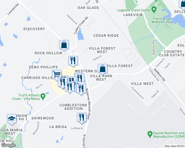 map of restaurants, bars, coffee shops, grocery stores, and more near 1425 Western Oaks Court in Bryan