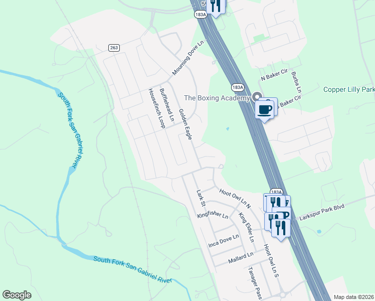 map of restaurants, bars, coffee shops, grocery stores, and more near 343 Housefinch Loop in Leander