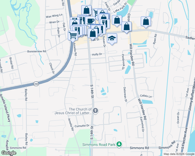 map of restaurants, bars, coffee shops, grocery stores, and more near 96014 Caribbean Court in Fernandina Beach