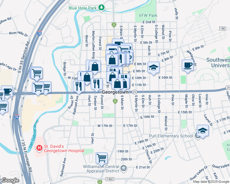 map of restaurants, bars, coffee shops, grocery stores, and more near in Georgetown