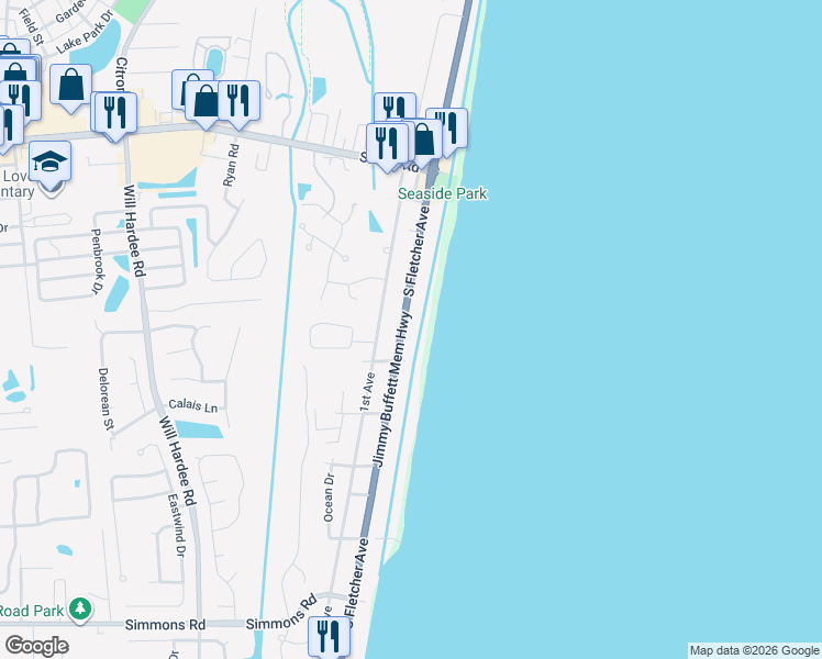 map of restaurants, bars, coffee shops, grocery stores, and more near 2408 South Fletcher Avenue in Fernandina Beach