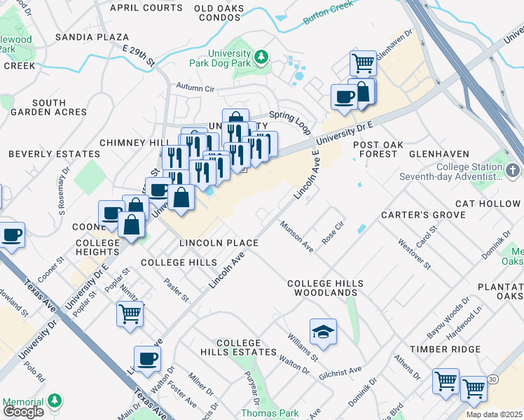 map of restaurants, bars, coffee shops, grocery stores, and more near 900 Monte Carlo in College Station