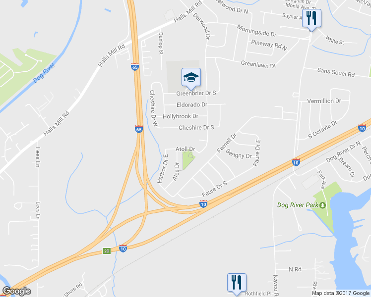 map of restaurants, bars, coffee shops, grocery stores, and more near 2646 Atoll Drive in Mobile
