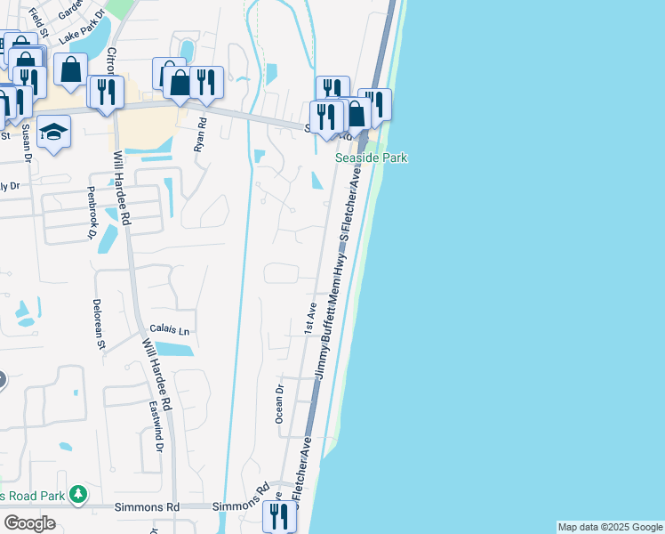 map of restaurants, bars, coffee shops, grocery stores, and more near 2408 South Fletcher Avenue in Fernandina Beach