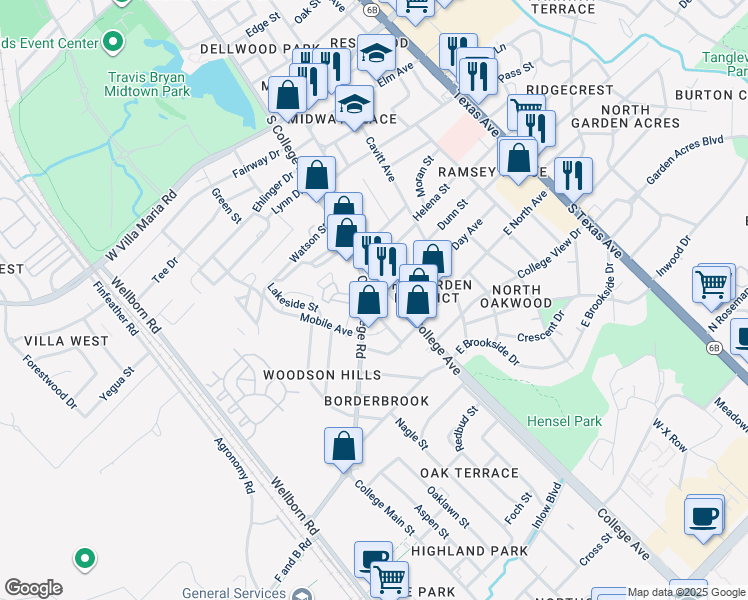 map of restaurants, bars, coffee shops, grocery stores, and more near 3803 Ranger Drive in Bryan