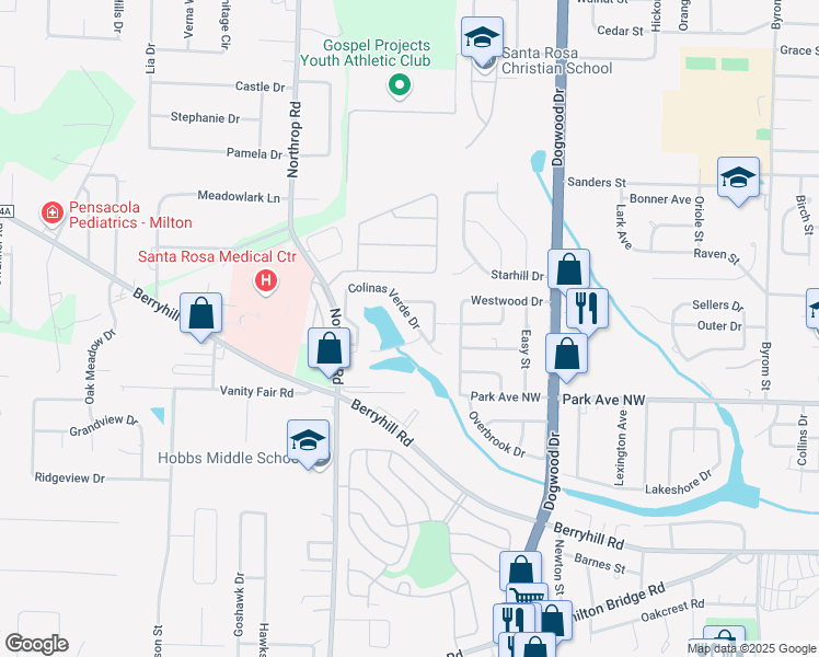 map of restaurants, bars, coffee shops, grocery stores, and more near 5606 Colinas Verde Drive in Milton