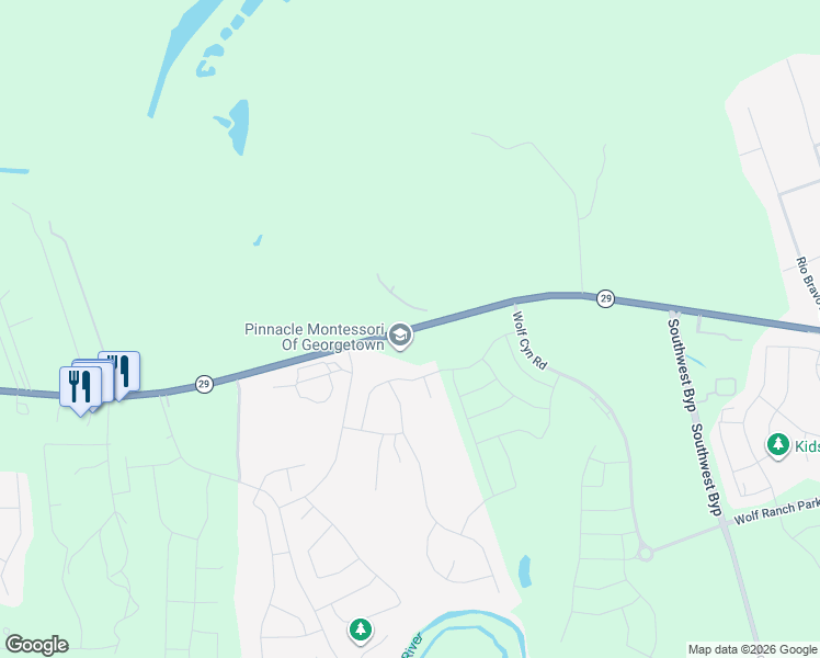 map of restaurants, bars, coffee shops, grocery stores, and more near 2863 West State Highway 29 in Georgetown