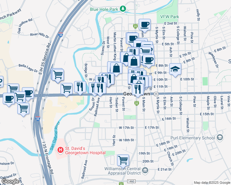 map of restaurants, bars, coffee shops, grocery stores, and more near 700 West University Avenue in Georgetown