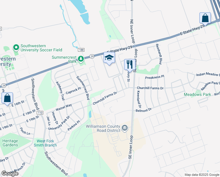 map of restaurants, bars, coffee shops, grocery stores, and more near 2025 Mottey Street in Georgetown