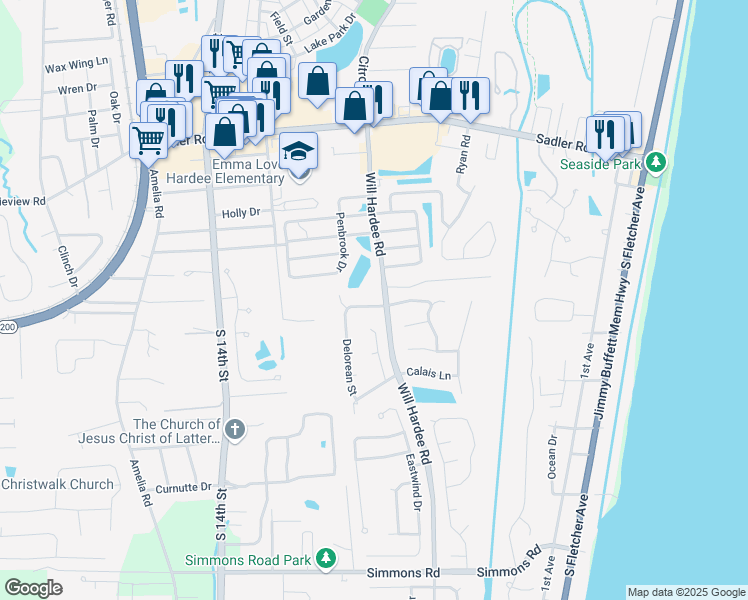 map of restaurants, bars, coffee shops, grocery stores, and more near 1911 Reatta Lane in Fernandina Beach