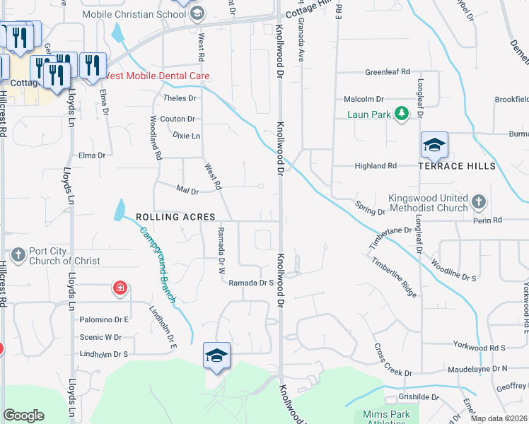 map of restaurants, bars, coffee shops, grocery stores, and more near 5710 Kings Mill Drive East in Mobile