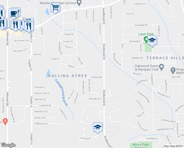 map of restaurants, bars, coffee shops, grocery stores, and more near 5754 Antoine Road in Mobile