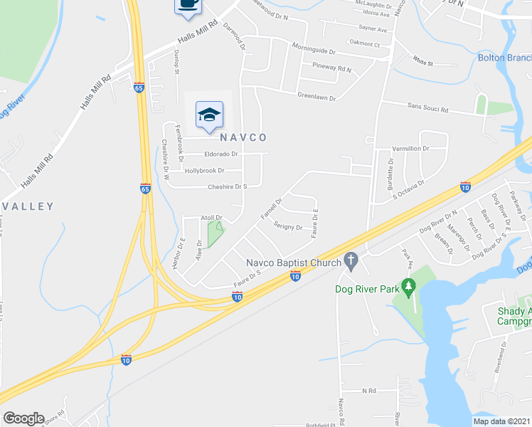 map of restaurants, bars, coffee shops, grocery stores, and more near 2616 Farnell Drive in Mobile