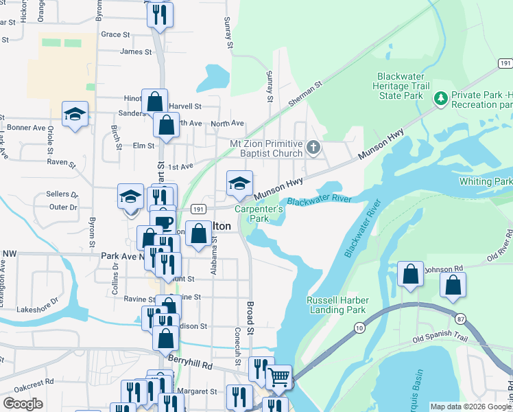 map of restaurants, bars, coffee shops, grocery stores, and more near 5254 Munson Highway in Milton