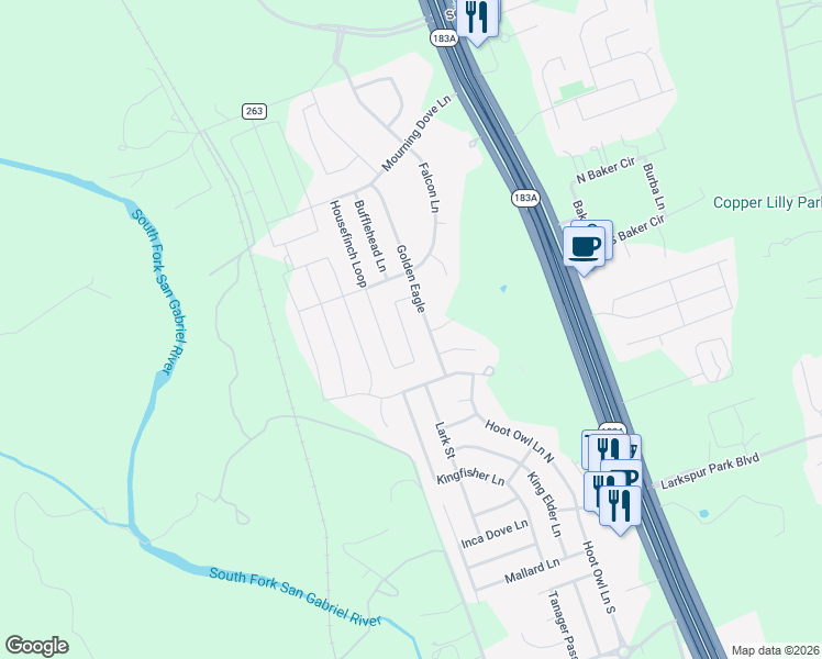 map of restaurants, bars, coffee shops, grocery stores, and more near 343 Housefinch Loop in Leander