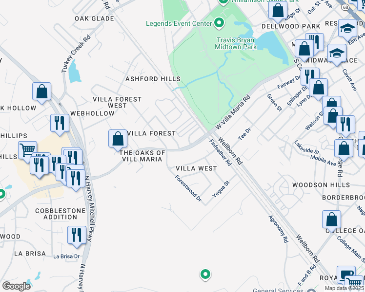map of restaurants, bars, coffee shops, grocery stores, and more near 3217 Heatherwood Drive in Bryan
