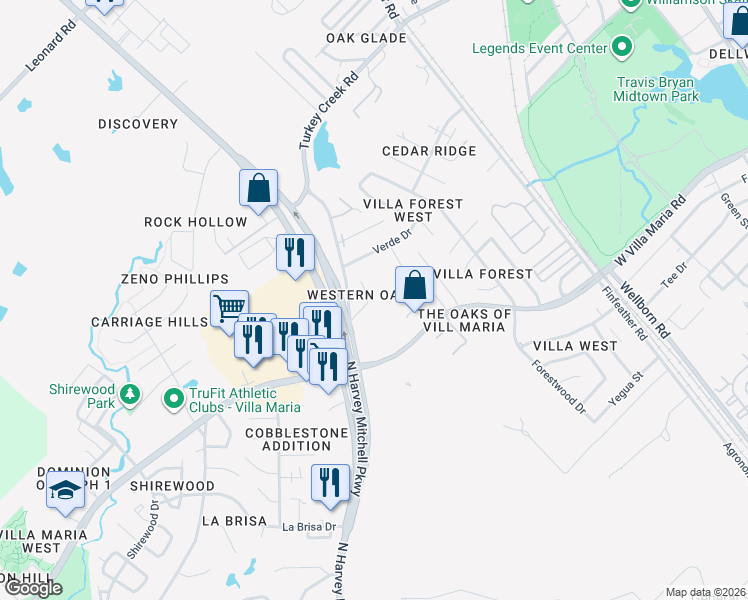 map of restaurants, bars, coffee shops, grocery stores, and more near 1439 Western Oaks Court in Bryan