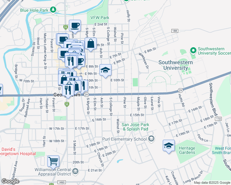 map of restaurants, bars, coffee shops, grocery stores, and more near 614 East University Avenue in Georgetown
