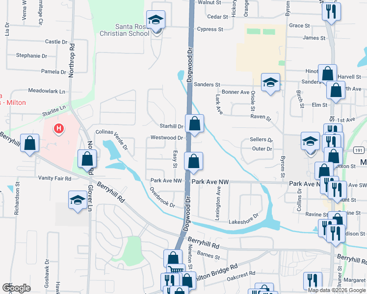map of restaurants, bars, coffee shops, grocery stores, and more near 5471 Buena Vista Avenue in Milton