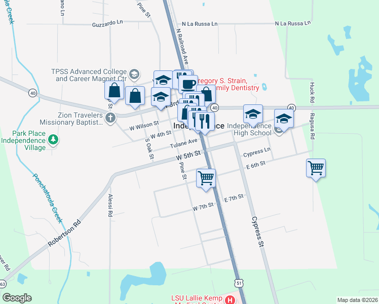 map of restaurants, bars, coffee shops, grocery stores, and more near 580 West 5th Street in Independence