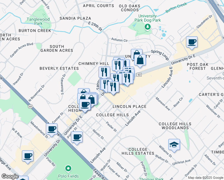 map of restaurants, bars, coffee shops, grocery stores, and more near 700 University Drive East in College Station