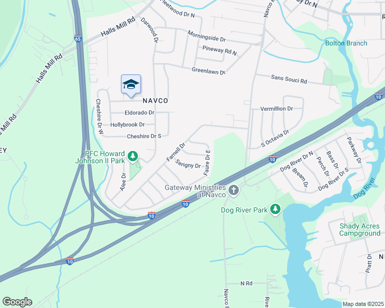 map of restaurants, bars, coffee shops, grocery stores, and more near 2610 Montbirault Drive in Mobile