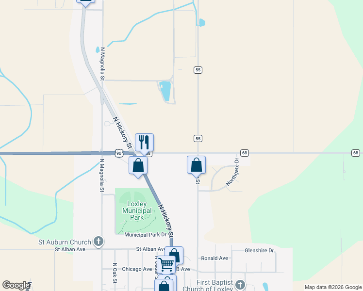 map of restaurants, bars, coffee shops, grocery stores, and more near 3020 County Road 68 in Loxley