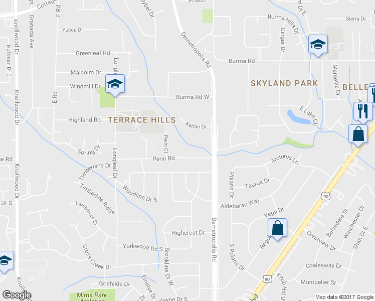 map of restaurants, bars, coffee shops, grocery stores, and more near 5022 Perin Road in Mobile