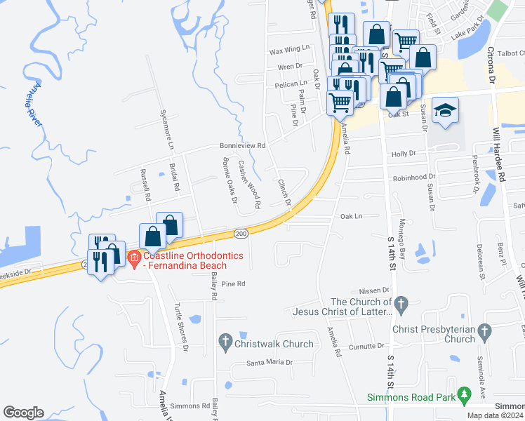 map of restaurants, bars, coffee shops, grocery stores, and more near 2418 Cashen Wood Drive in Fernandina Beach