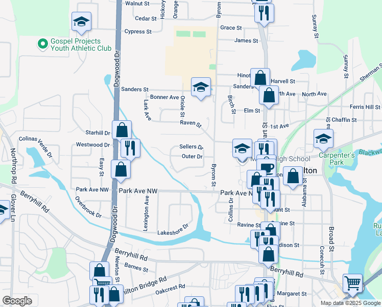 map of restaurants, bars, coffee shops, grocery stores, and more near 6546 Outer Drive in Milton
