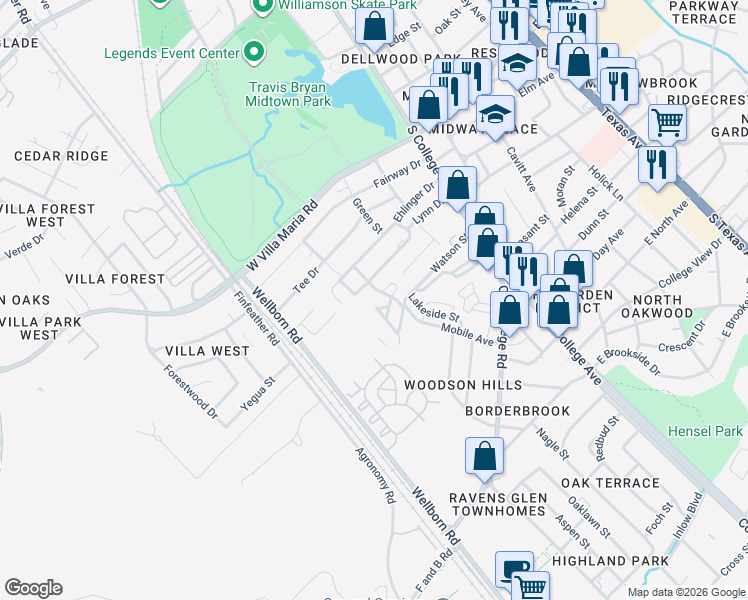 map of restaurants, bars, coffee shops, grocery stores, and more near 239-251 Festival Drive in Bryan