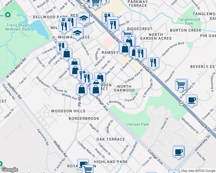 map of restaurants, bars, coffee shops, grocery stores, and more near 108 East North Avenue in Bryan