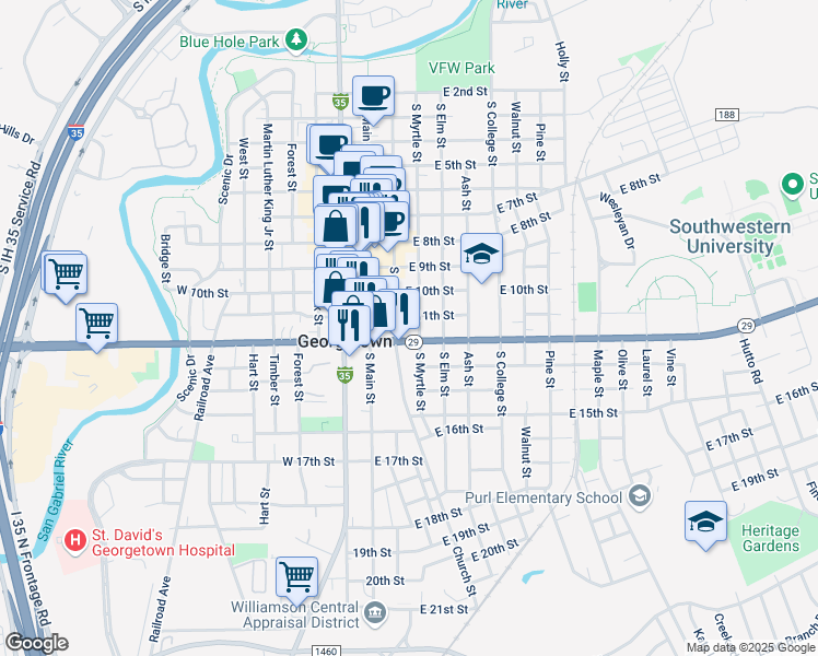 map of restaurants, bars, coffee shops, grocery stores, and more near 206 East University Avenue in Georgetown