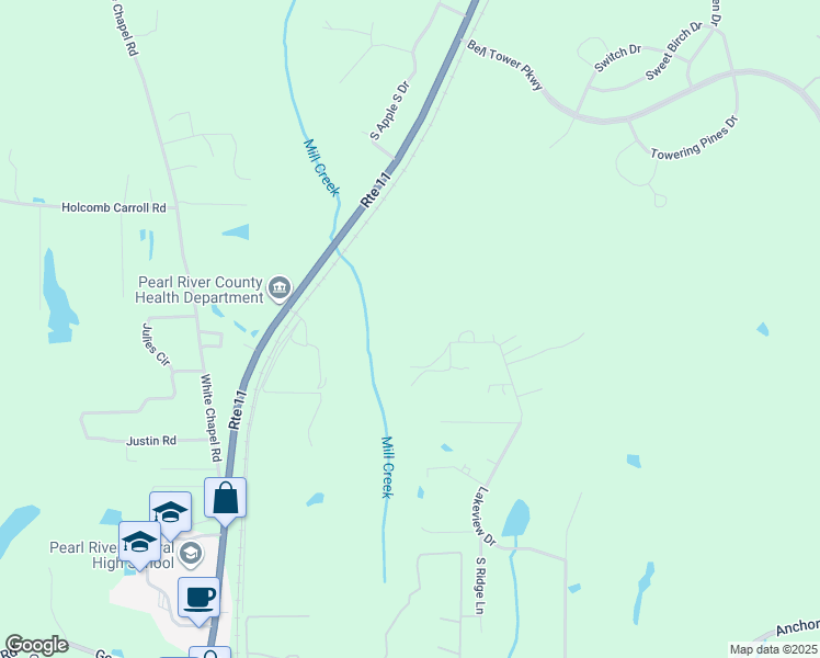 map of restaurants, bars, coffee shops, grocery stores, and more near 23 North Ridge Lane in Carriere