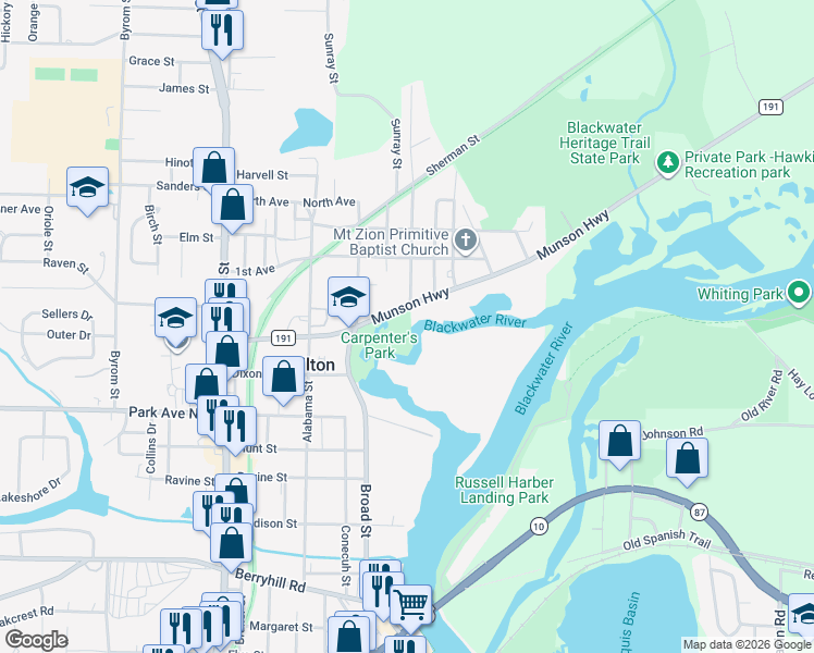 map of restaurants, bars, coffee shops, grocery stores, and more near 5254 Munson Highway in Milton
