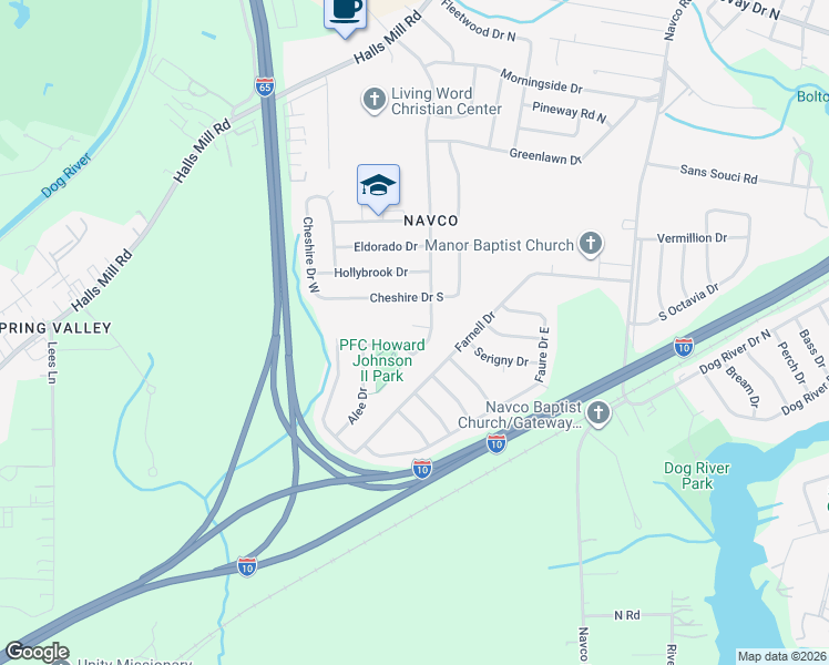map of restaurants, bars, coffee shops, grocery stores, and more near 1681 Atoll Drive in Mobile