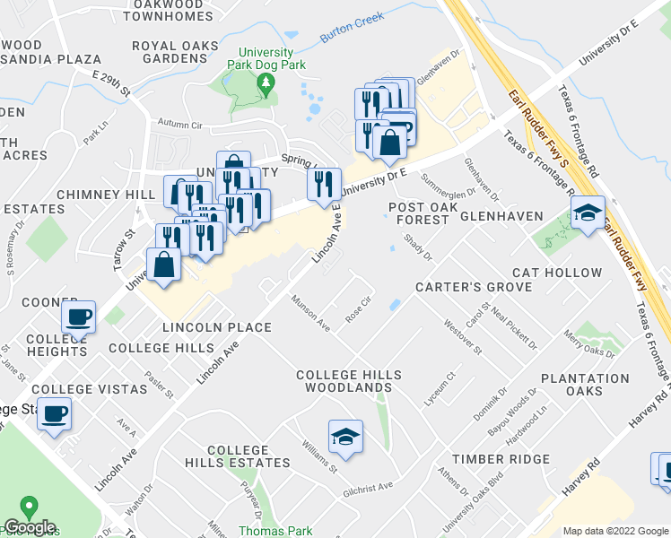 map of restaurants, bars, coffee shops, grocery stores, and more near 919 Grand Oaks Circle in College Station
