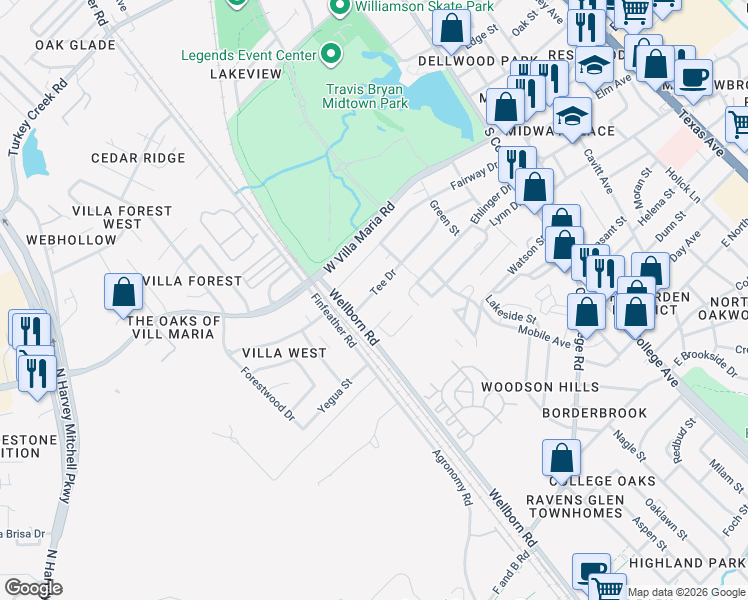 map of restaurants, bars, coffee shops, grocery stores, and more near 413 Tee Drive in Bryan