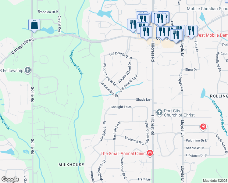 map of restaurants, bars, coffee shops, grocery stores, and more near 6708 Hitching Post Court in Mobile