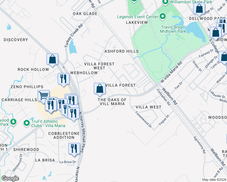 map of restaurants, bars, coffee shops, grocery stores, and more near 1015-1099 West Villa Maria Road in Bryan