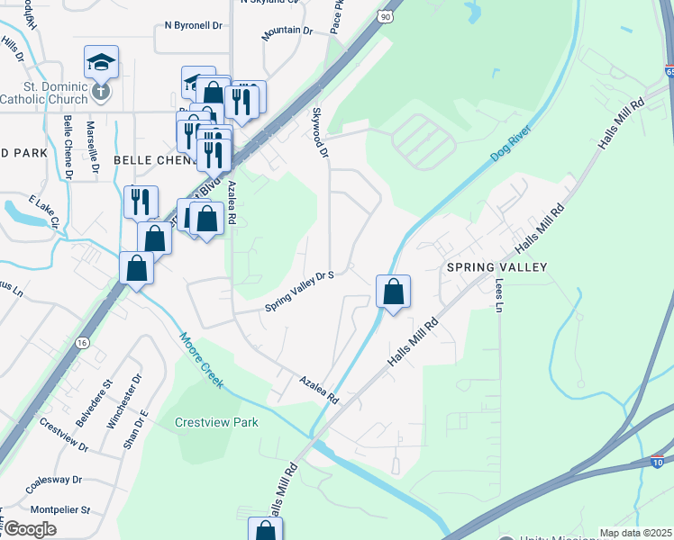 map of restaurants, bars, coffee shops, grocery stores, and more near 4148 Spring Valley Drive South in Mobile