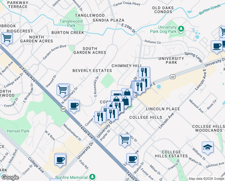 map of restaurants, bars, coffee shops, grocery stores, and more near 760 Sunny Lane in Bryan