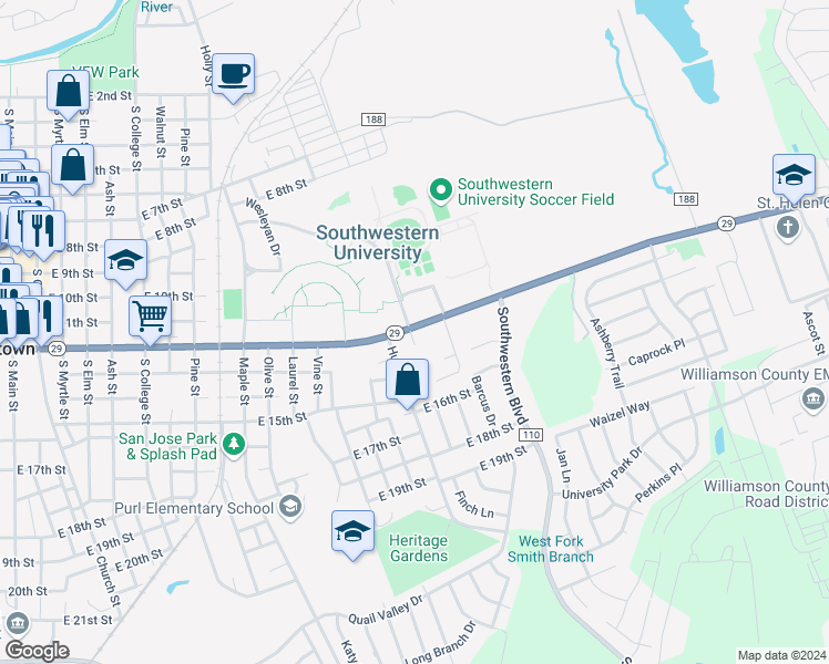 map of restaurants, bars, coffee shops, grocery stores, and more near 1701 East University Avenue in Georgetown
