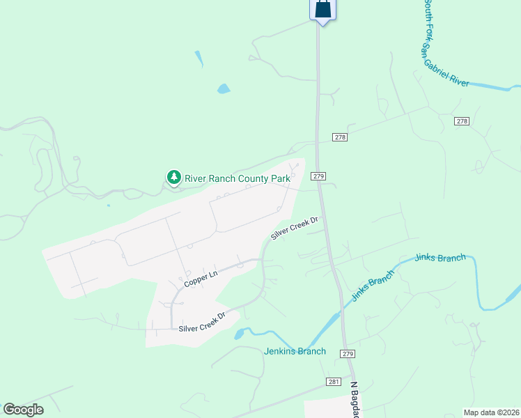 map of restaurants, bars, coffee shops, grocery stores, and more near 213 Highland Oaks in Liberty Hill