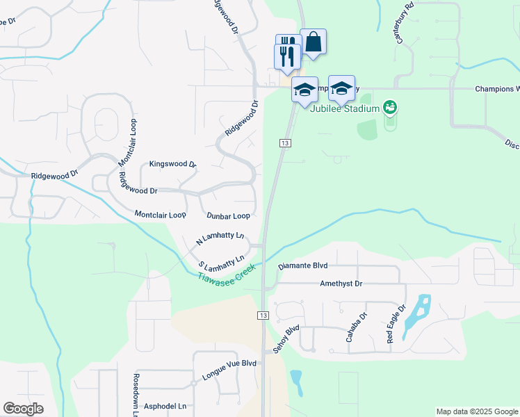 map of restaurants, bars, coffee shops, grocery stores, and more near County Road 13 in Daphne