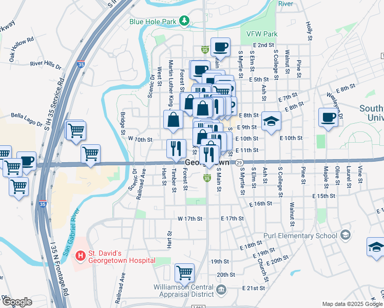 map of restaurants, bars, coffee shops, grocery stores, and more near 1006 South Austin Avenue in Georgetown