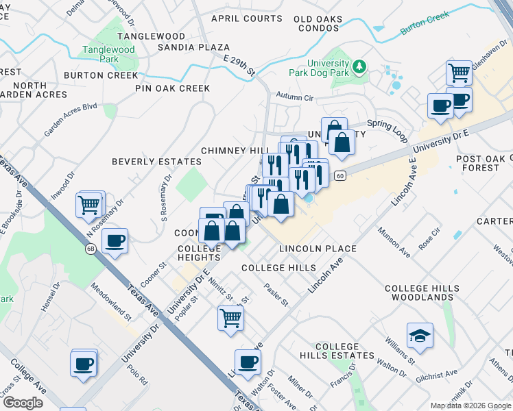 map of restaurants, bars, coffee shops, grocery stores, and more near 701 University Drive East in College Station