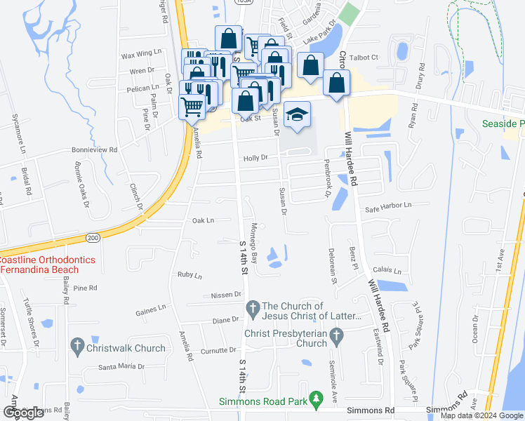 map of restaurants, bars, coffee shops, grocery stores, and more near 96320 Montego Bay in Fernandina Beach